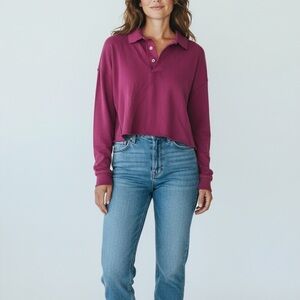 Cumberland Bay Womens Burgundy Cropped Collared Long Sleeve Polo Shirt XXL